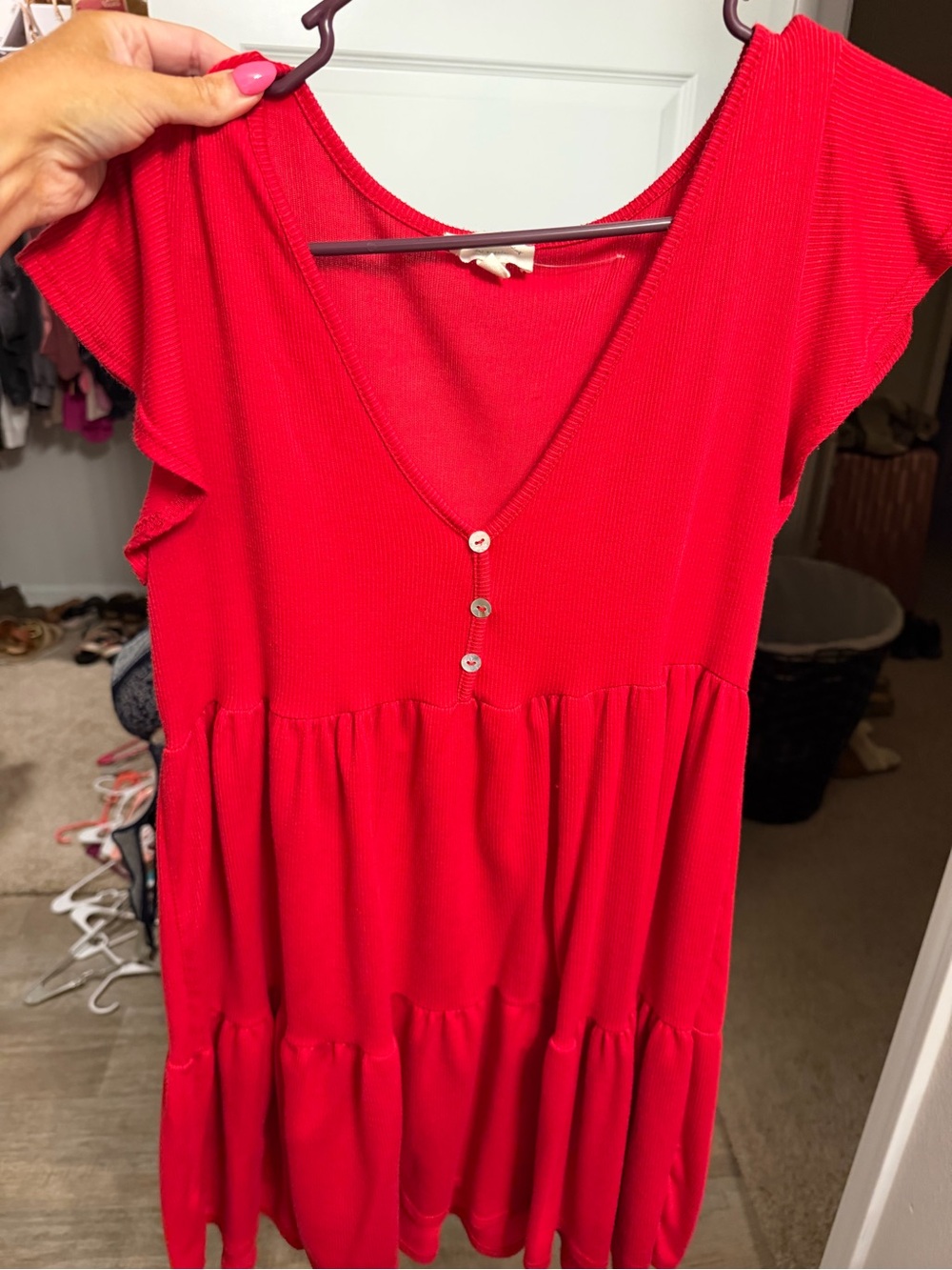 Women’s Red V-Neck Tiered Babydoll Top